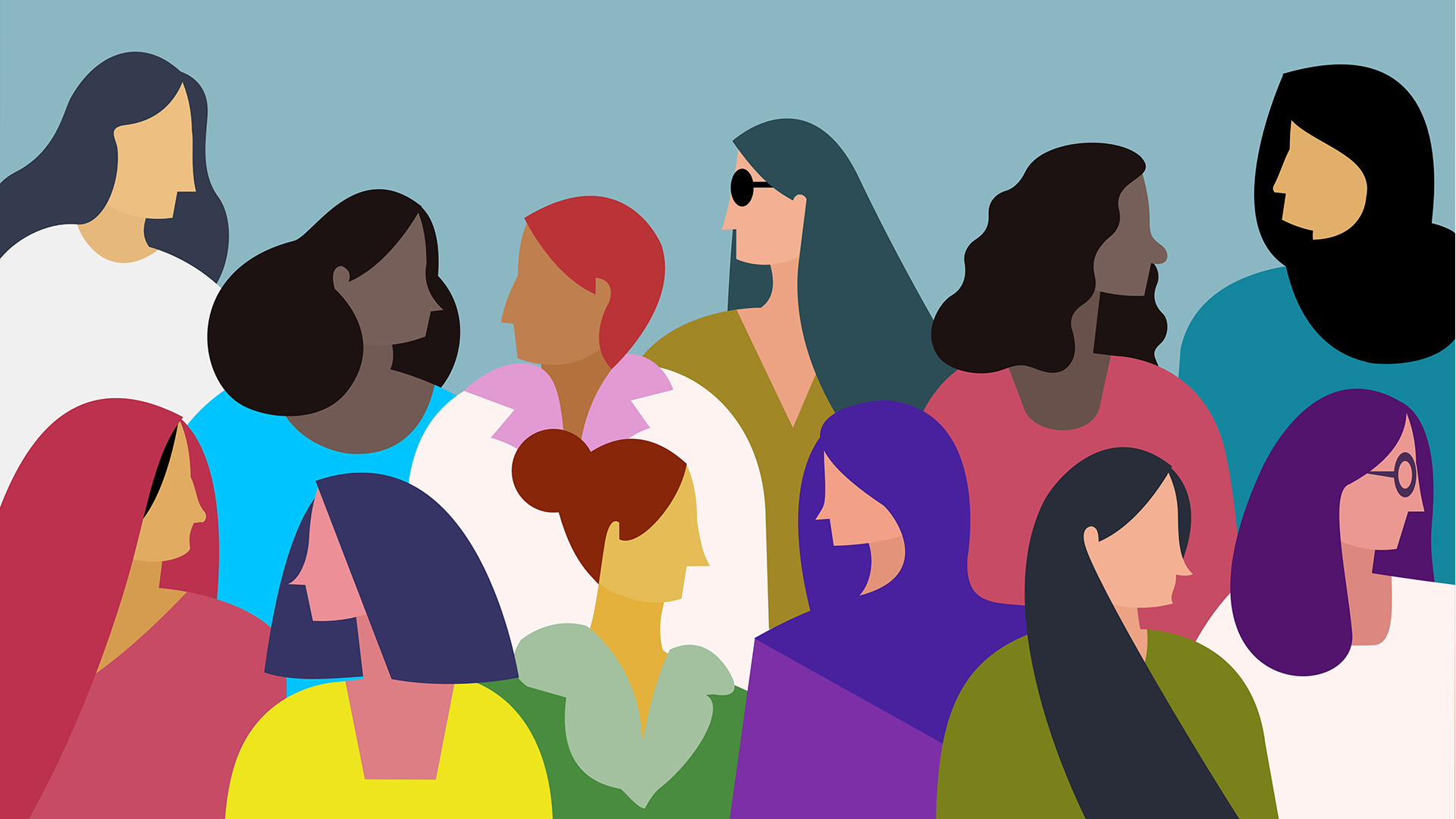 multi-colored llustration of a diverse group of women in tech