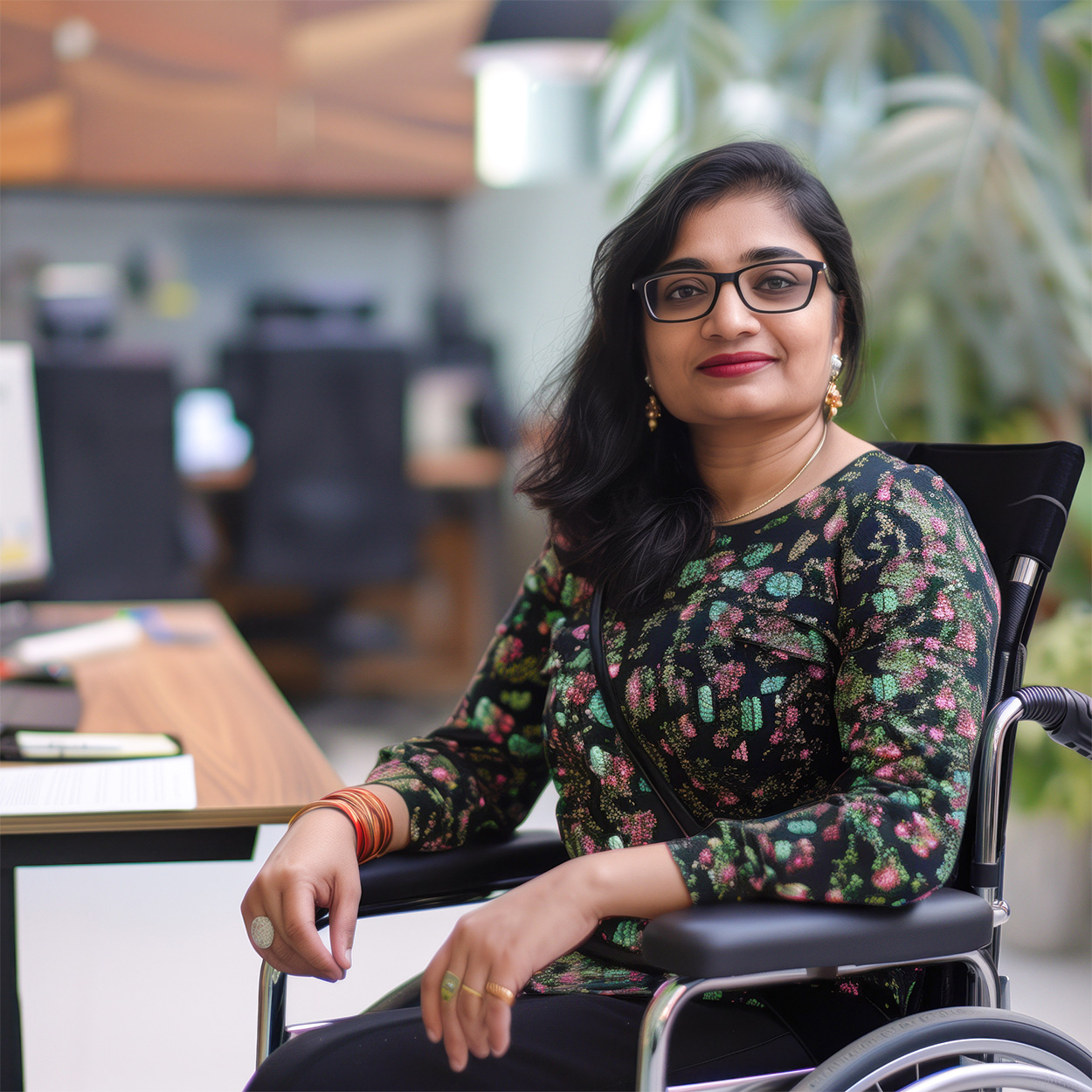 Indian woman IT business analyst sitting in her wheelchair at a desk with slightly blurred office background