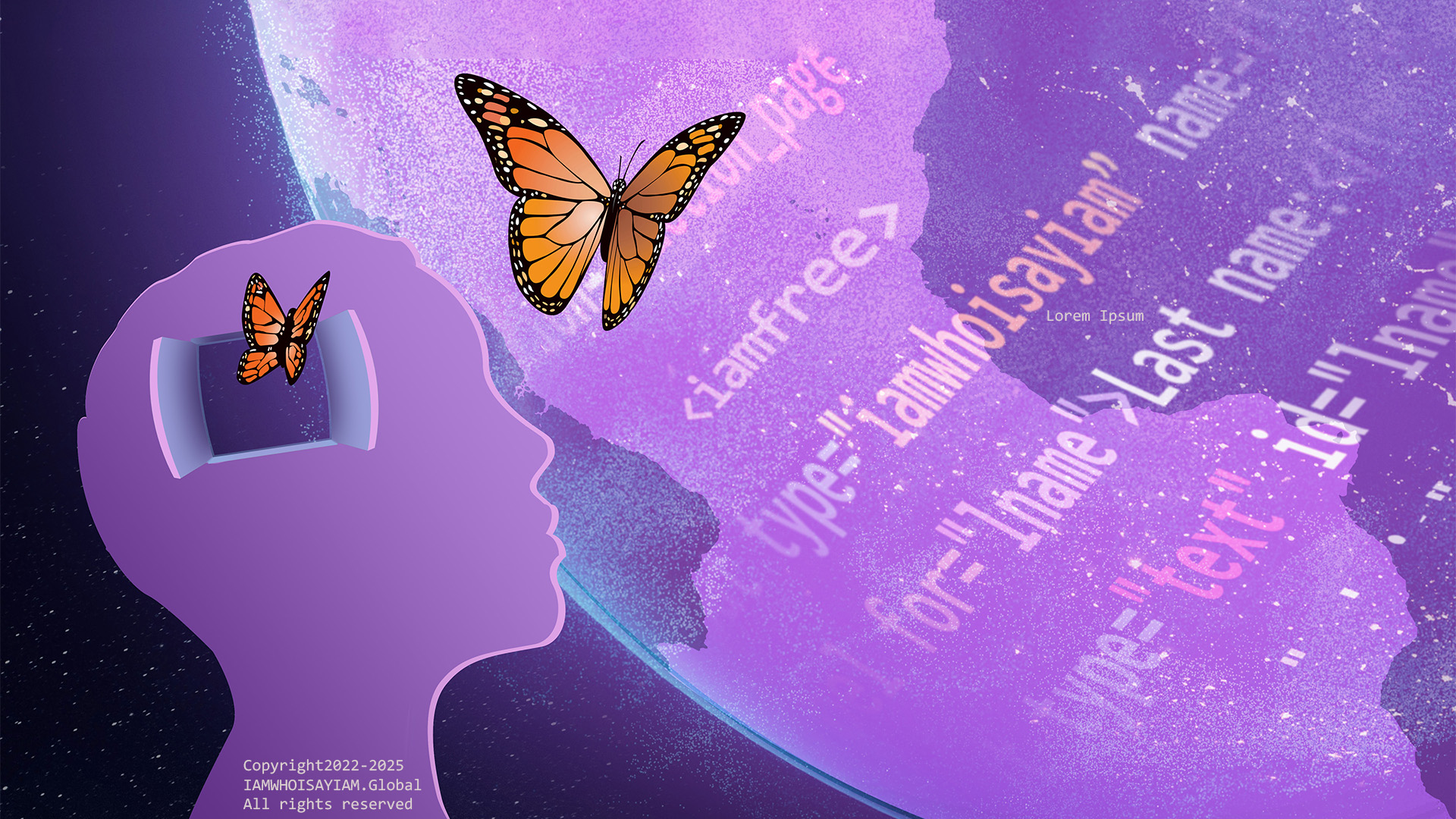 Illustration of the I AM WHO I SAY I AM online course profile of a head with 2 butterflies flying toward a globe with coding language including brackets with the words I AM free