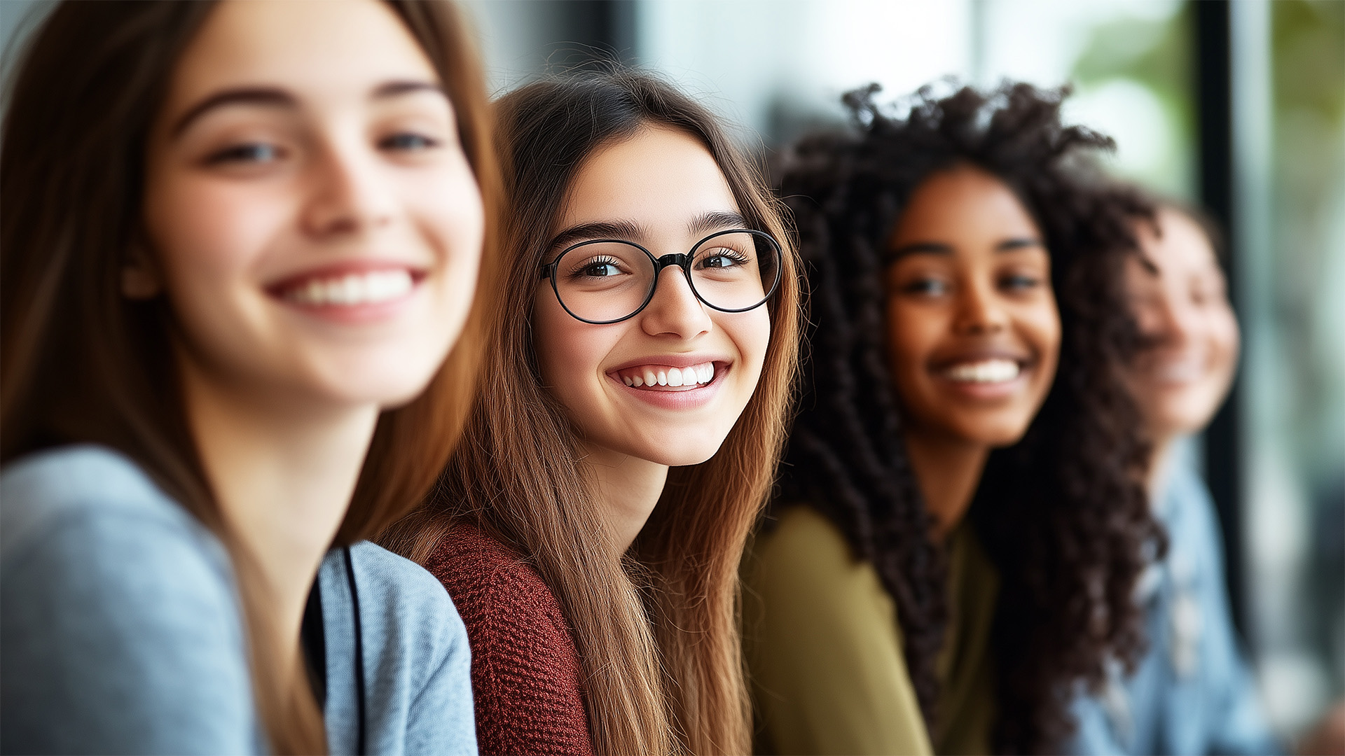 A group of teen girls with sharp focus on one girl with glasses and braces represents high self-esteem