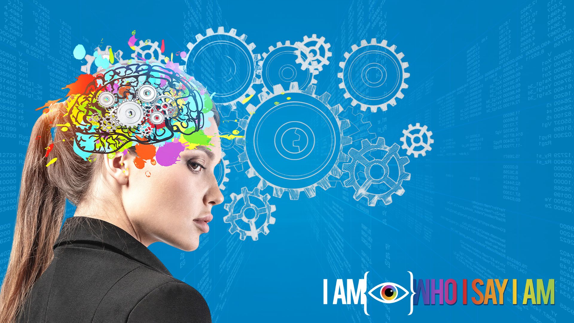 Illustration of a white girl with bright color gears turning in her mind and white stenciled gears outside her head representing self-talk