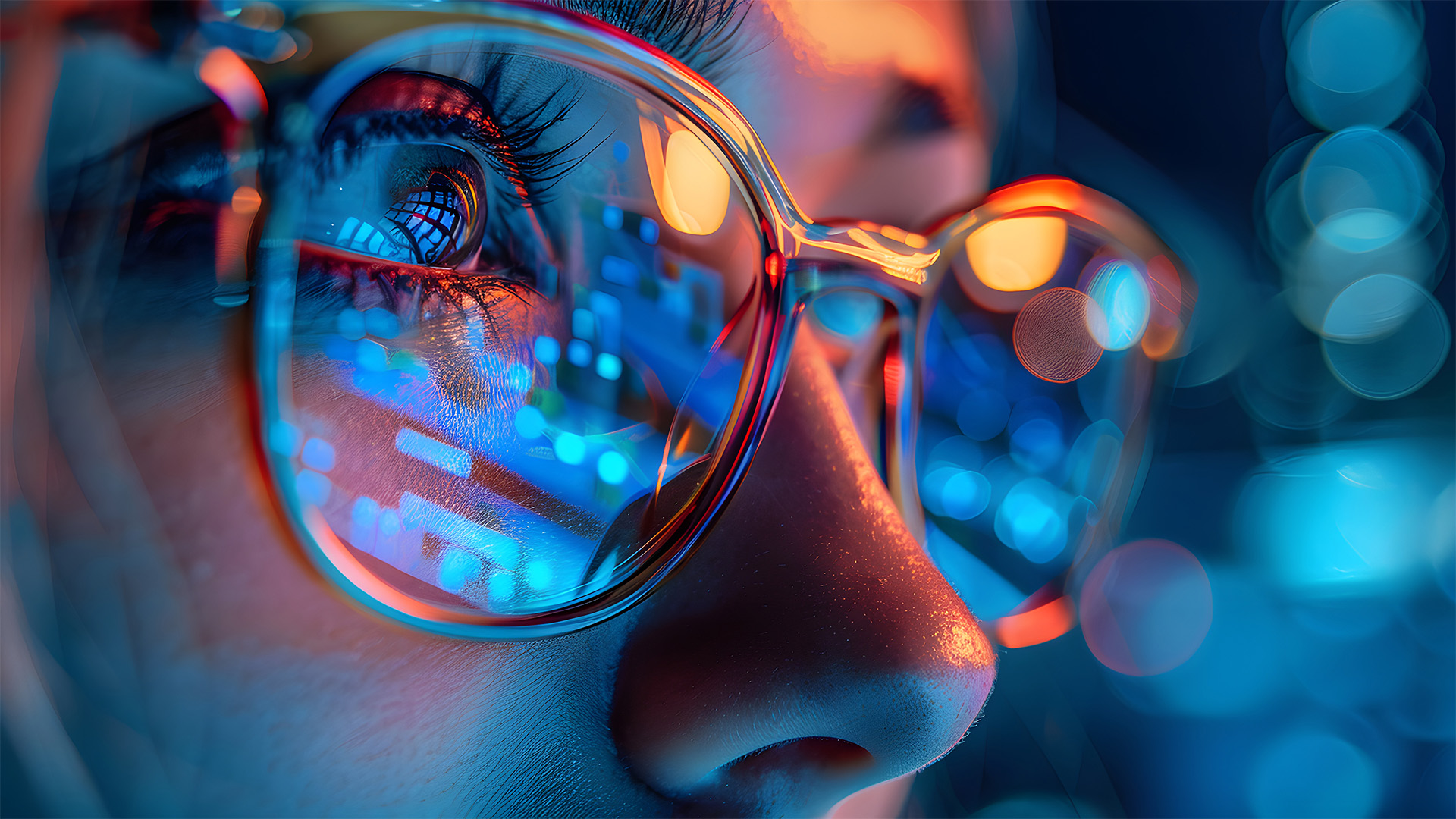 close up of a girl's face with cybersecurity coding reflected in her eye glasses