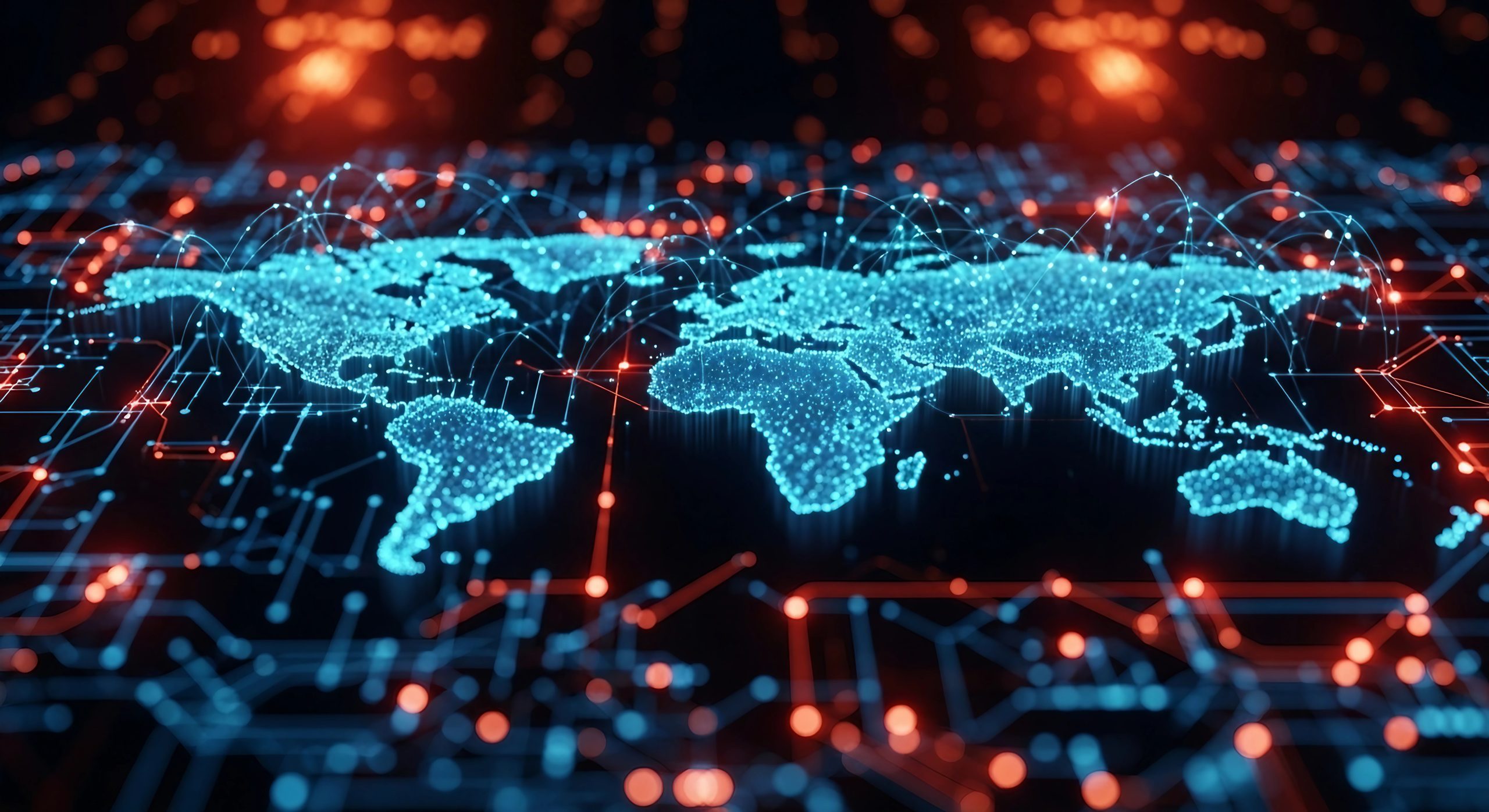 color image of flat world map with live connectivity on a digital board.
