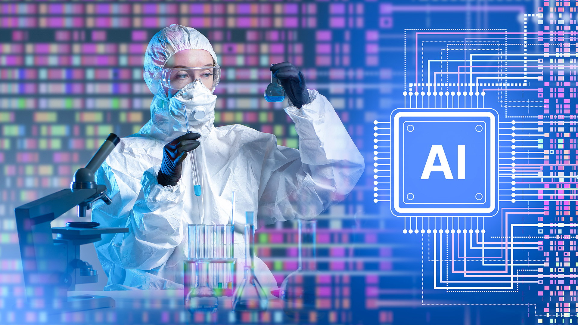 female scientist in lap with multicolors matching test tube liquids with the letters AI in a square indicating AI in biotech