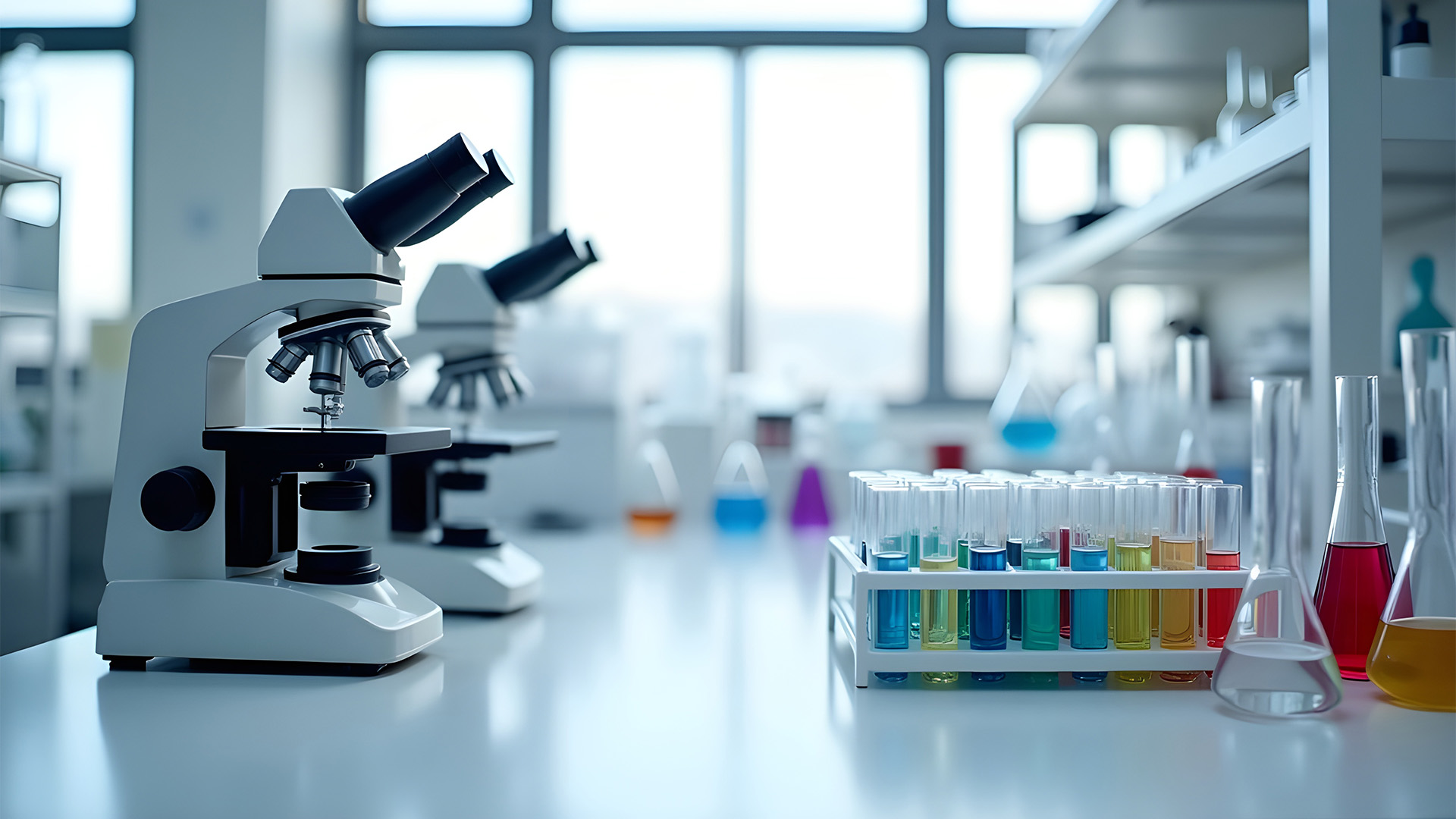 An empty laboratory with 2 microscopes and a tray of test tubes