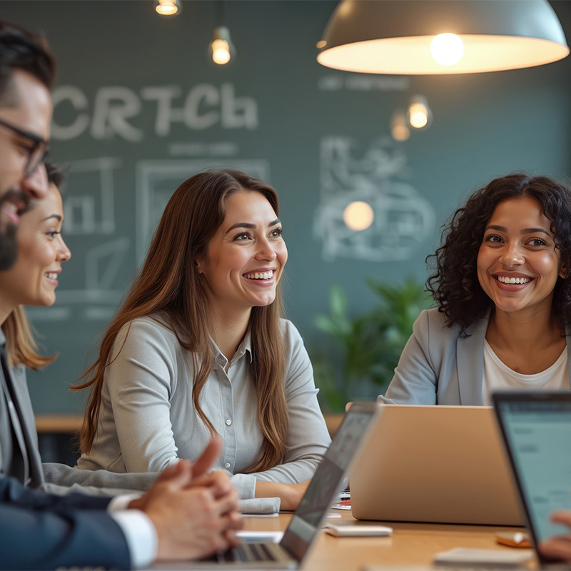 team of engineers led by a mid-career woman in the break room with laptops open