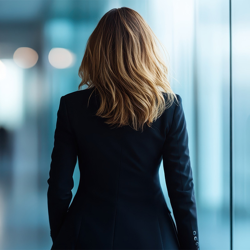 back of an IT leader wearing dark suit with shoulder length coiffed hair representing attrition in mi-career women in tech