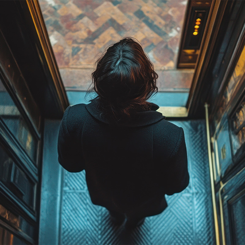 an overhead image of a brown haired woman in a long dark coat inside an elevator with the door open to the colors tiles flooring symbolizing midcareer women in tech attrition