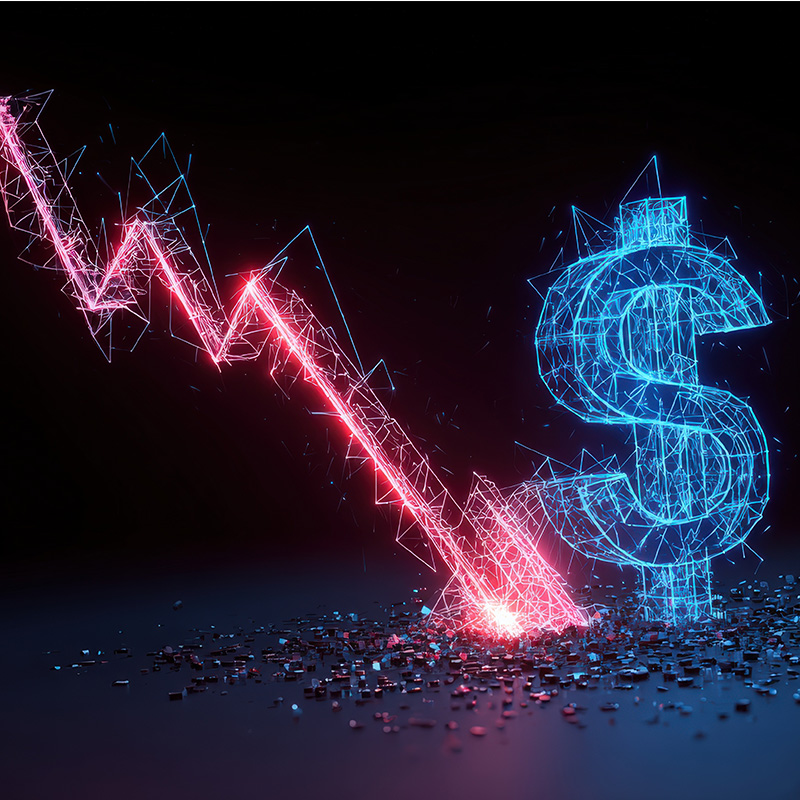 downward red neon arrow crashing next to a blue neo dollar sign representing IT business loss