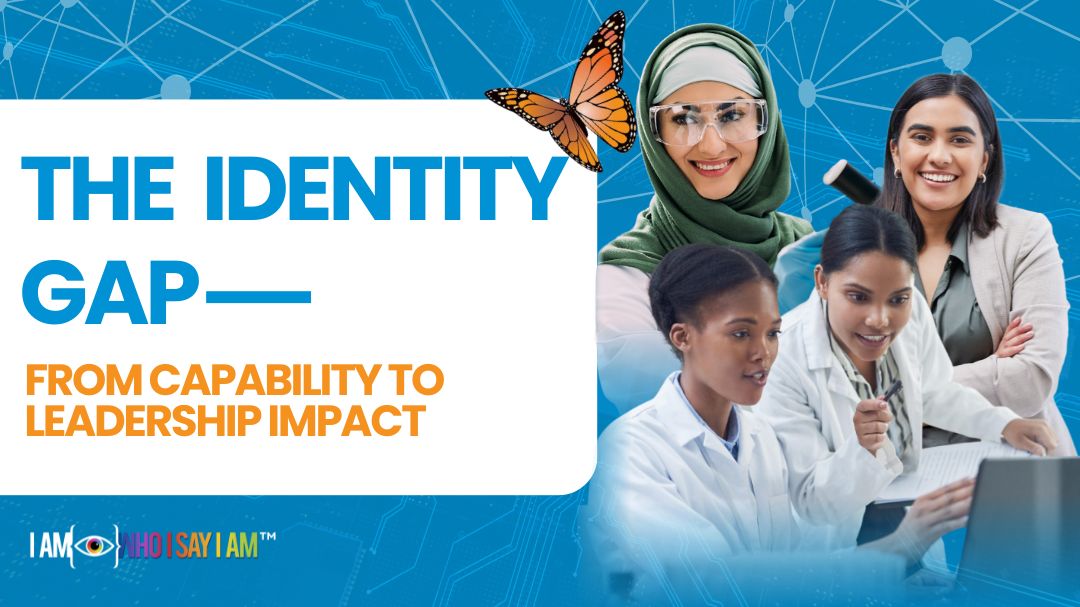 webinar ad with an image of a group of women in tech with copy The Identity Gap from capability to leadership impact